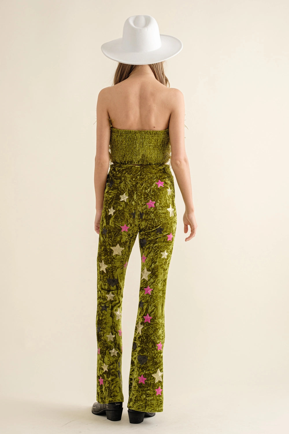 back view Creased Olive Velvet Sequin Embellished Heart Star Feather Crop Top with Stretch Bell Bottom Pants Set