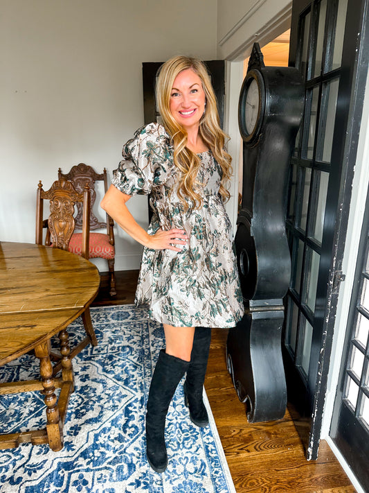 Metallic Floral Balloon Sleeve Dress
