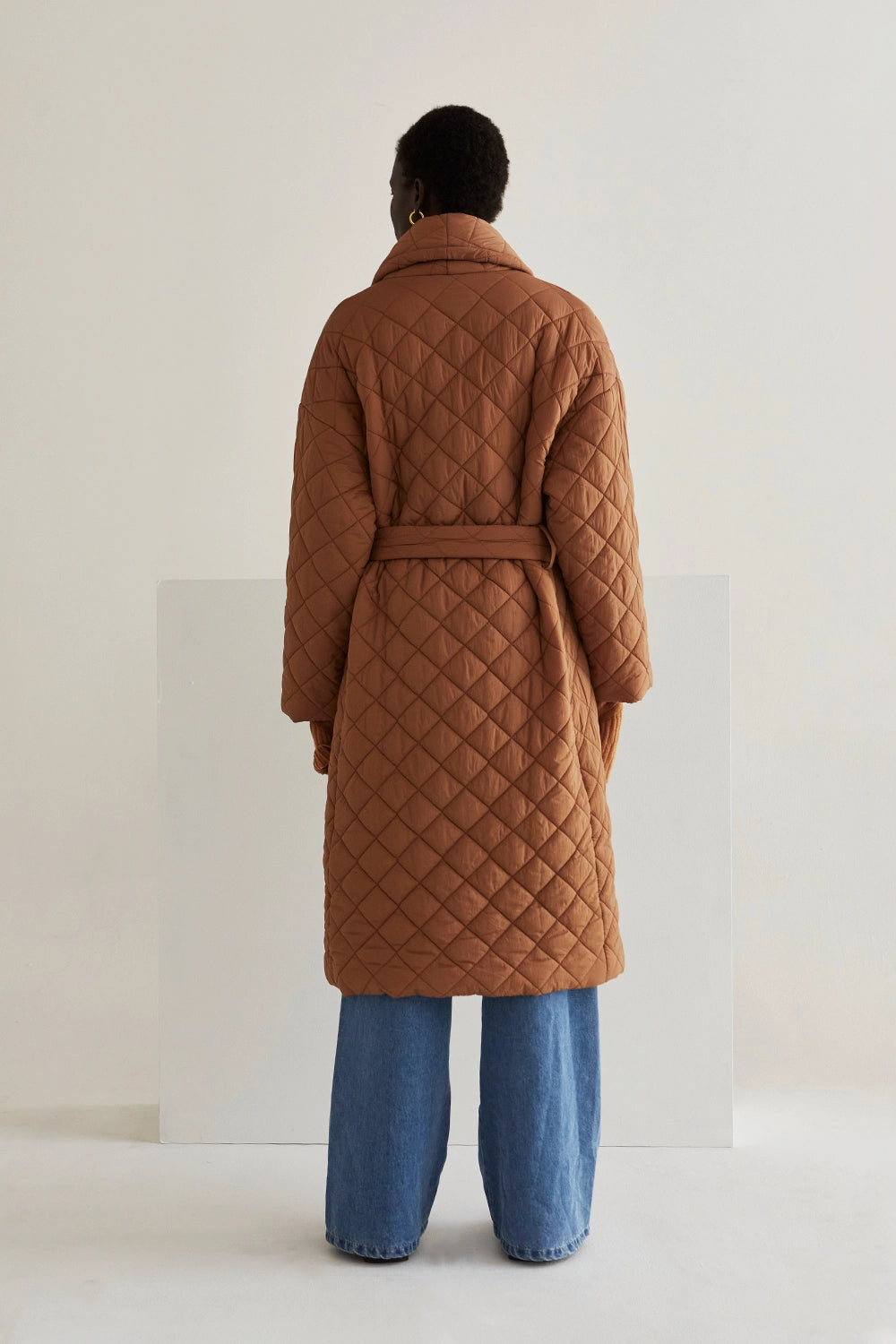 back view womens Quilted long  Puffer Wrap Coat in brown