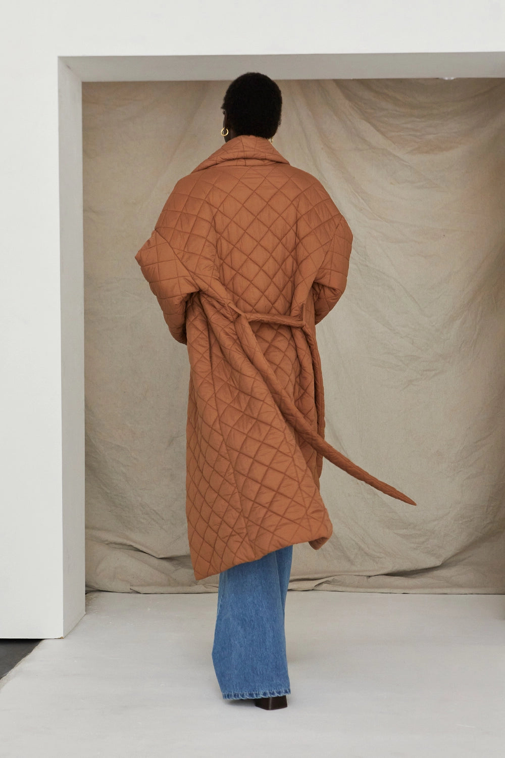 back view womens Quilted long  Puffer Wrap Coat in brown