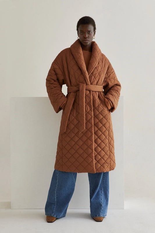womens Quilted long  Puffer Wrap Coat in brown